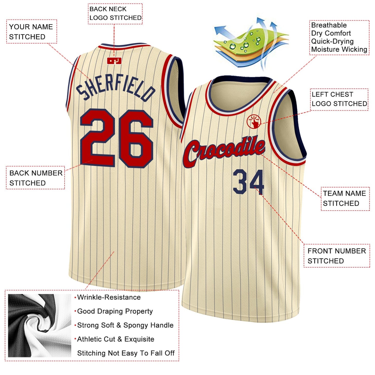 Custom Cream Navy Pinstripe Red-Black Authentic Basketball Jersey view 2