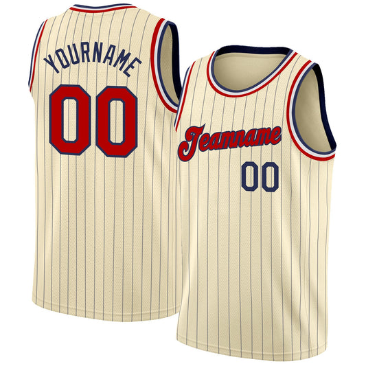 Custom Cream Navy Pinstripe Red-Black Authentic Basketball Jersey - Main View