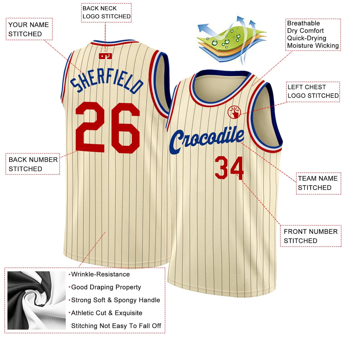 Custom Cream Black Pinstripe Red-Royal Authentic Basketball Jersey view 2