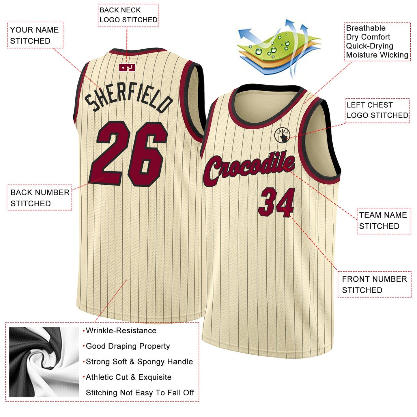Custom Cream Black Pinstripe Maroon-Black Authentic Basketball Jersey view 2
