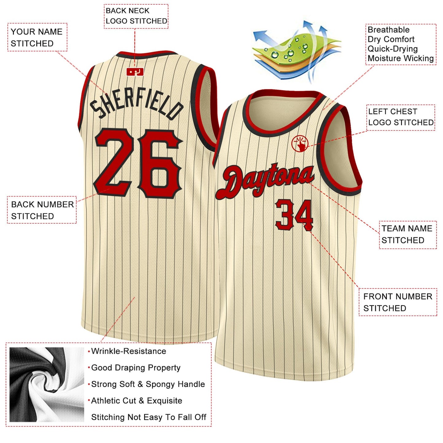 Custom Cream Black Pinstripe Red-Black Authentic Basketball Jersey view 2