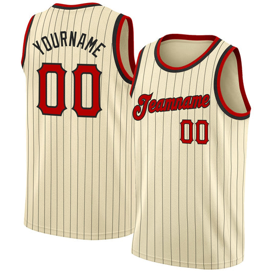 Custom Cream Black Pinstripe Red-Black Authentic Basketball Jersey - Main View