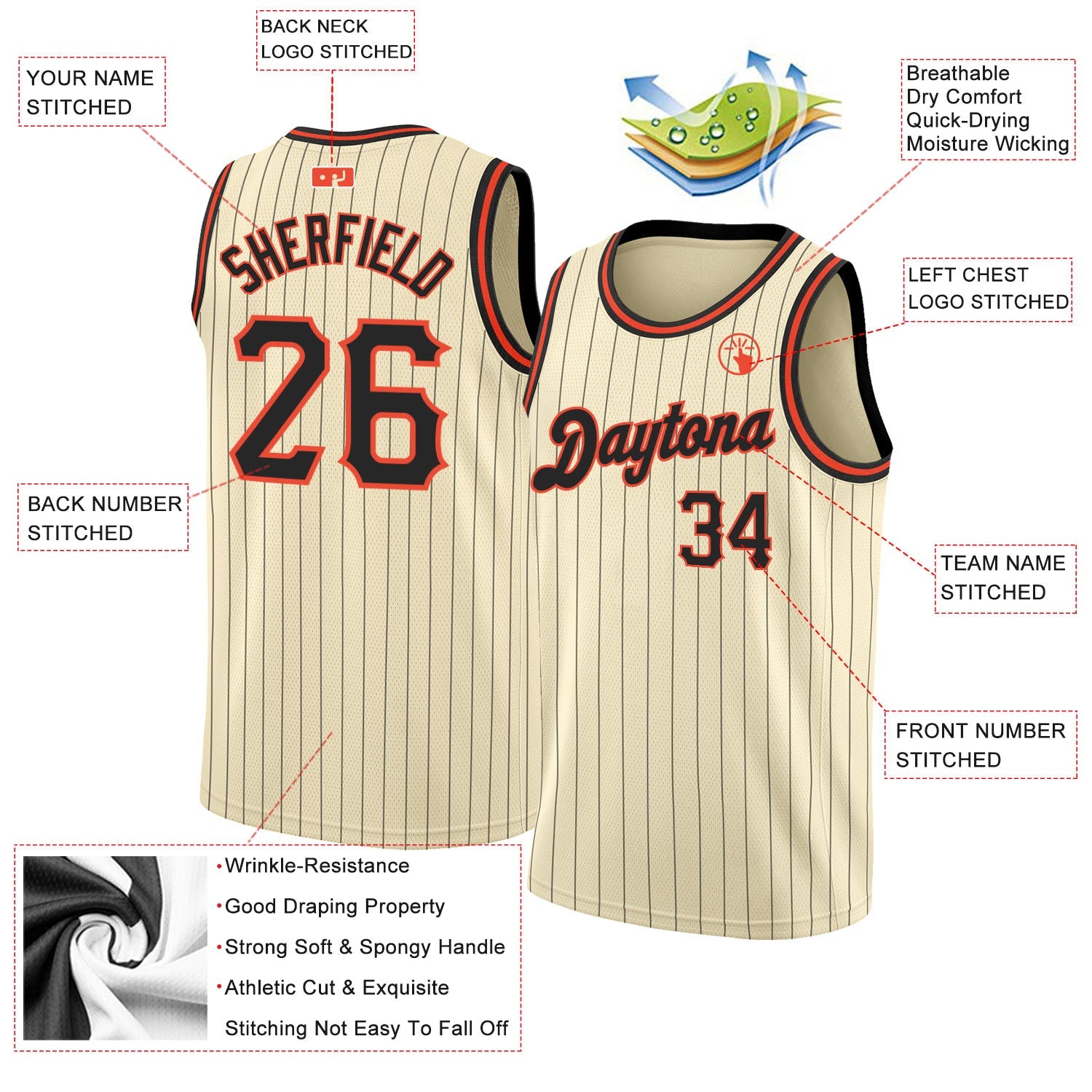 Custom Cream Black Pinstripe Black-Orange Authentic Basketball Jersey view 2