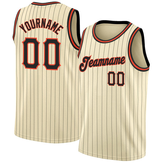 Custom Cream Black Pinstripe Black-Orange Authentic Basketball Jersey - Main View