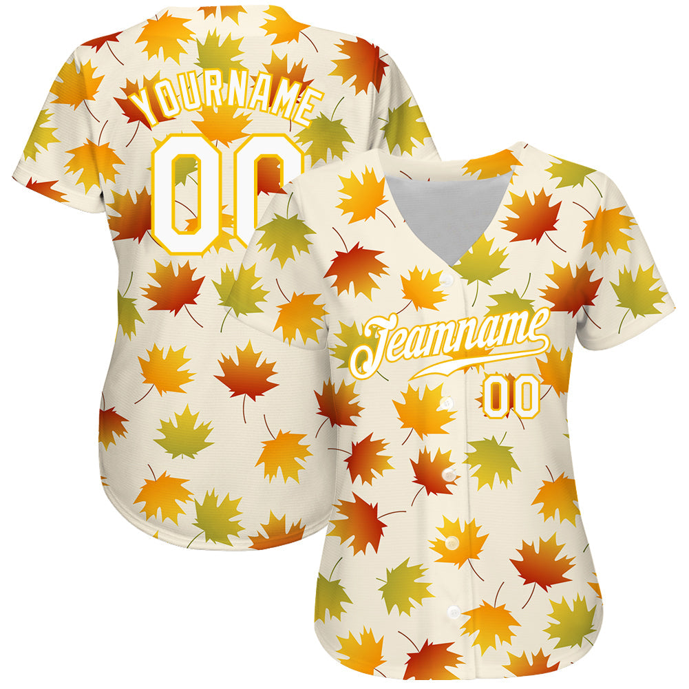 Custom Cream White-Gold 3D Pattern Design Maple Leaf Authentic Baseball Jersey view 2