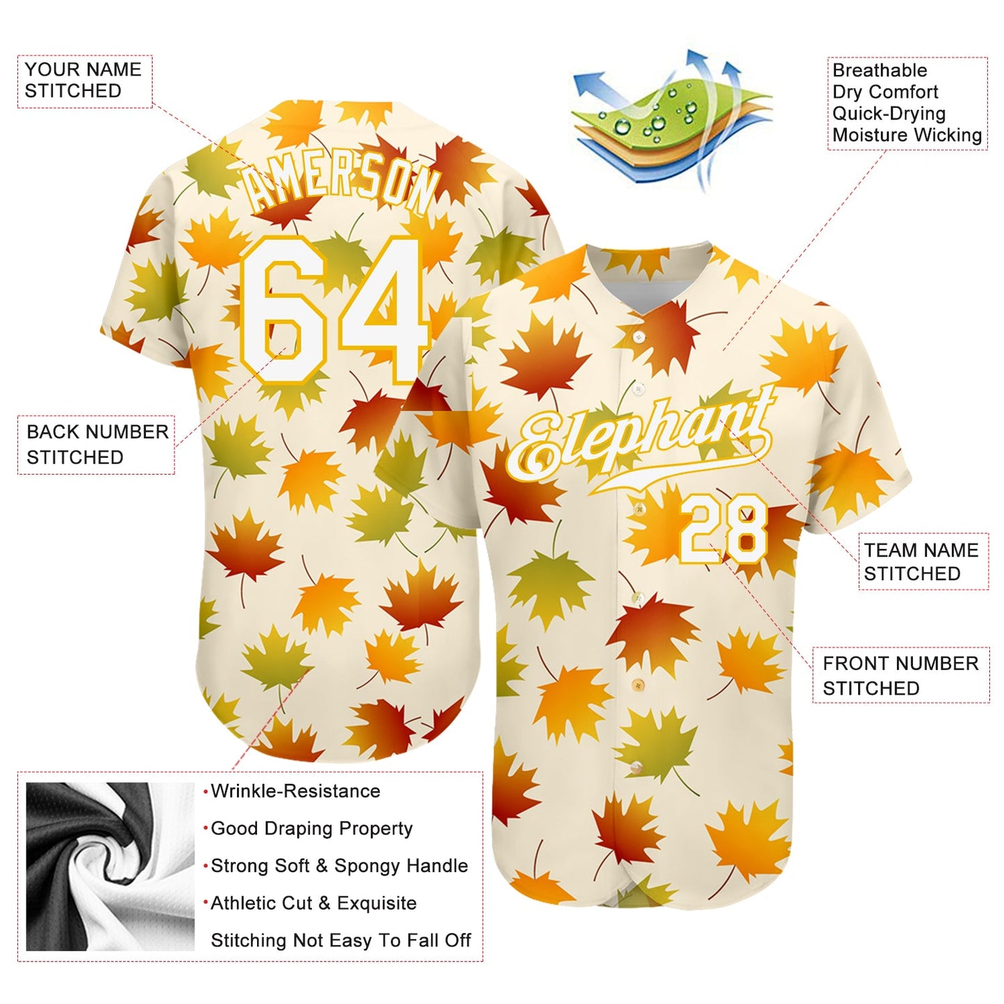 Custom Cream White-Gold 3D Pattern Design Maple Leaf Authentic Baseball Jersey view 3