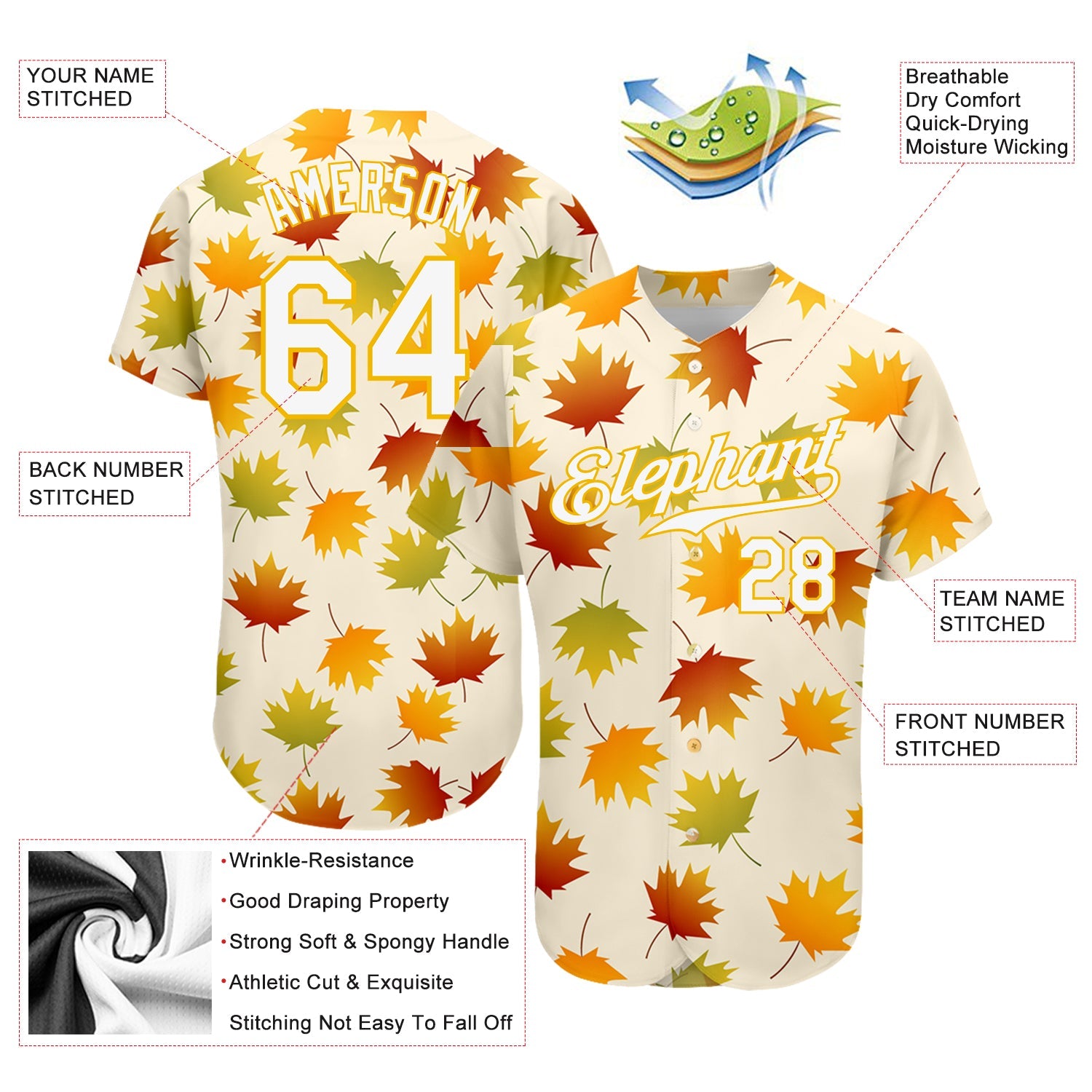 Custom Cream White-Gold 3D Pattern Design Maple Leaf Authentic Baseball Jersey view 3