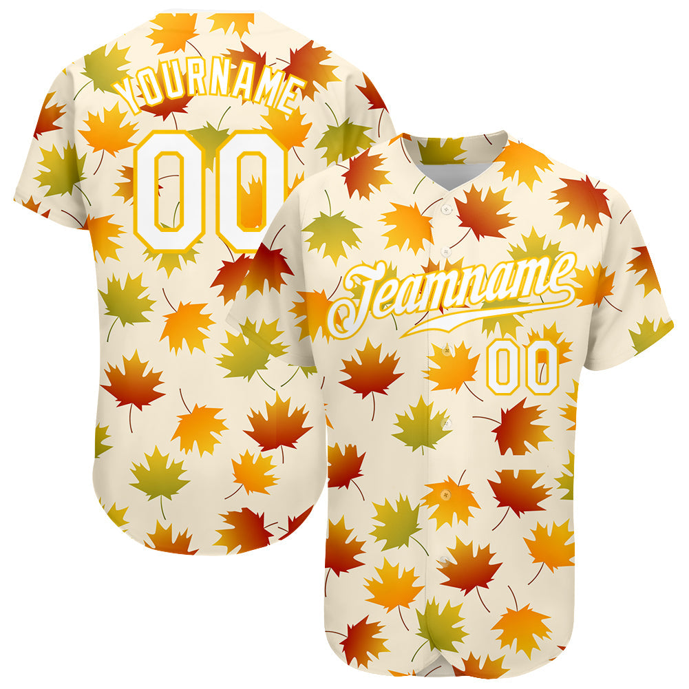 Custom Cream White-Gold 3D Pattern Design Maple Leaf Authentic Baseball Jersey - Main View