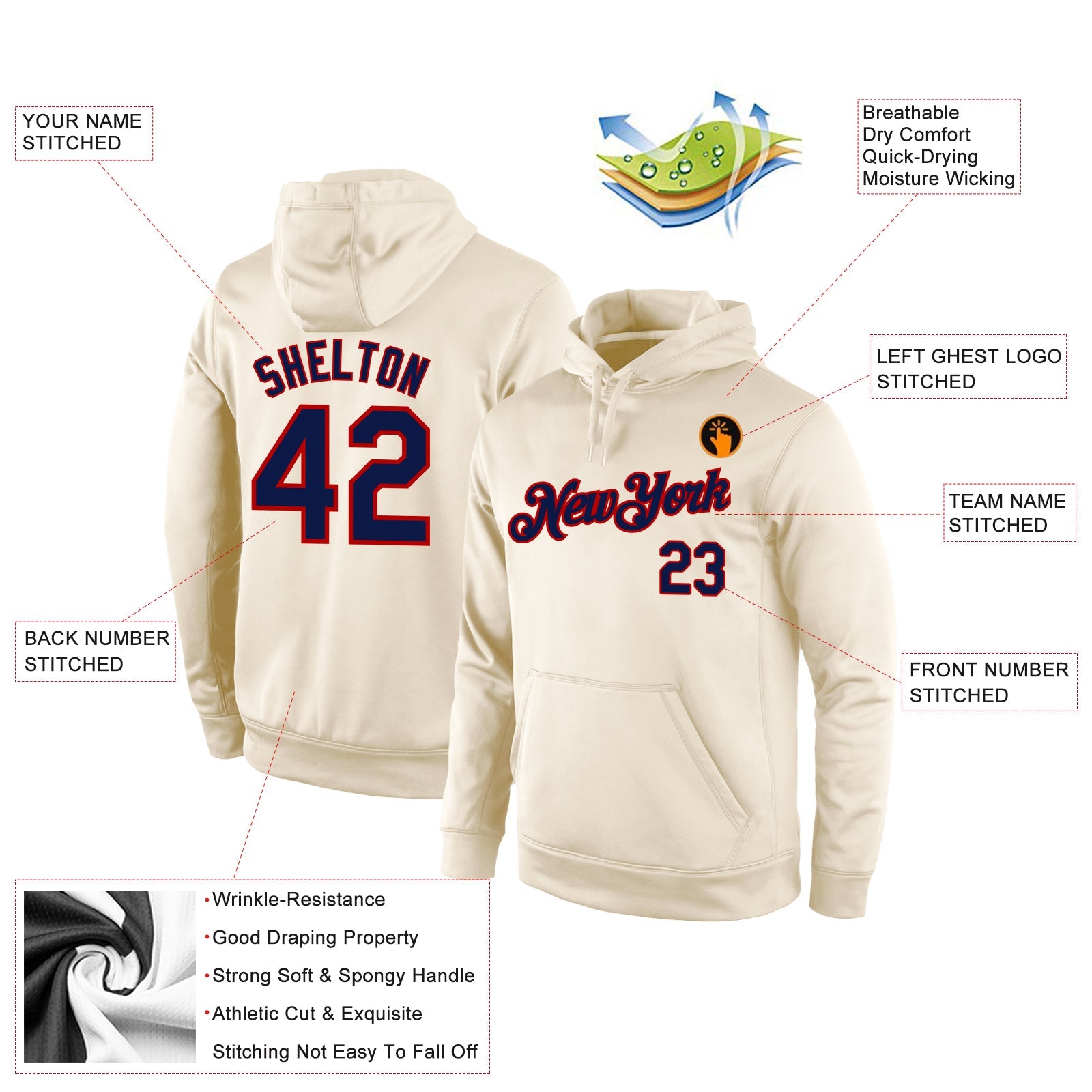 Custom Stitched Cream Navy-Red Sports Pullover Sweatshirt Hoodie view 4