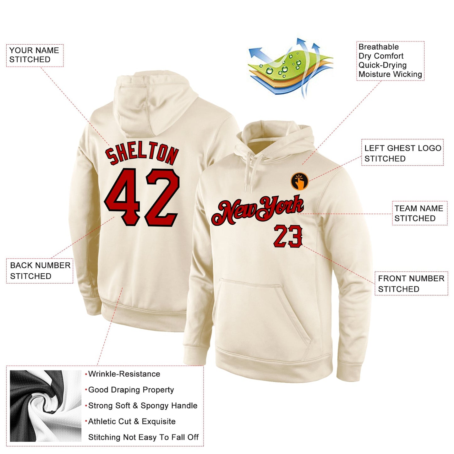 Custom Stitched Cream Red-Black Sports Pullover Sweatshirt Hoodie view 4