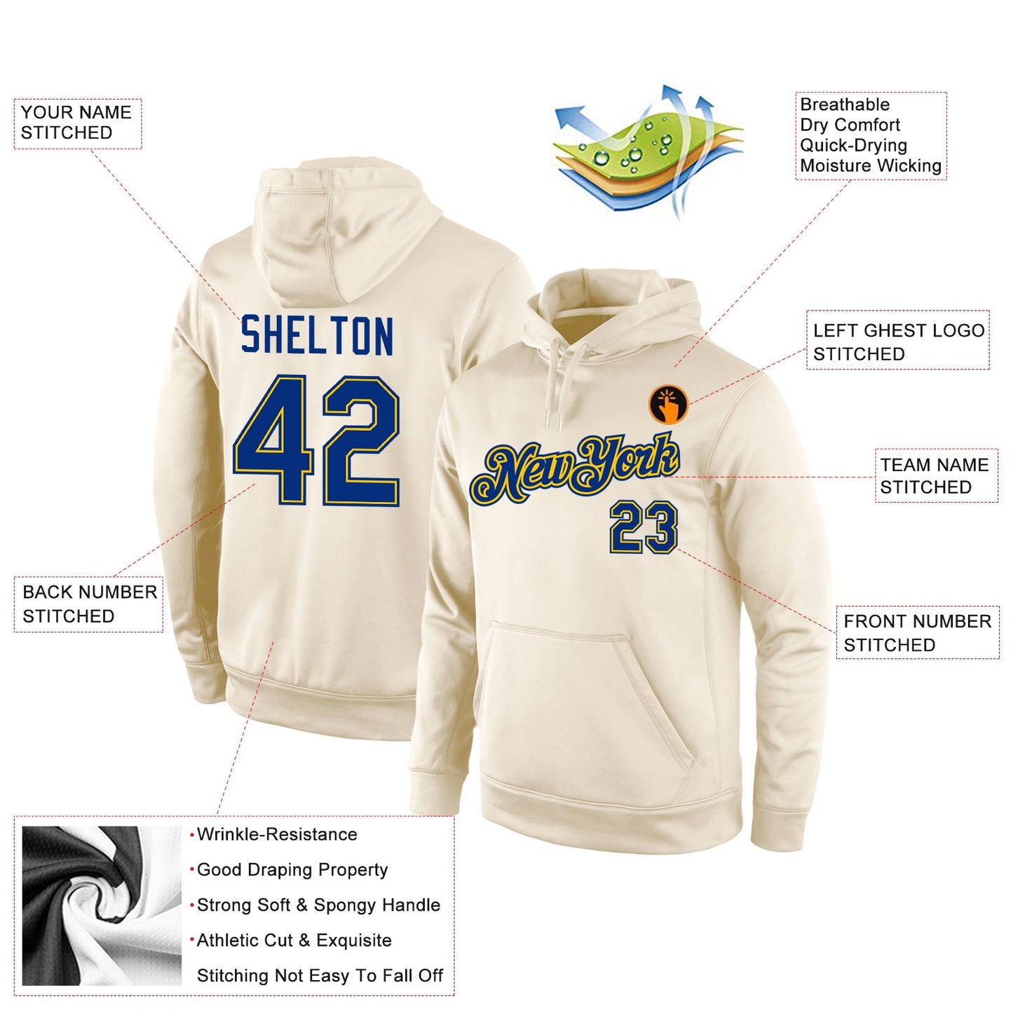 Custom Stitched Cream Royal-Gold Sports Pullover Sweatshirt Hoodie view 4