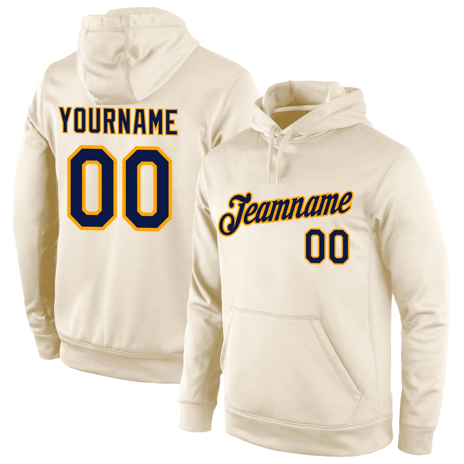 Custom Stitched Cream Navy-Gold Sports Pullover Sweatshirt Hoodie - Main View