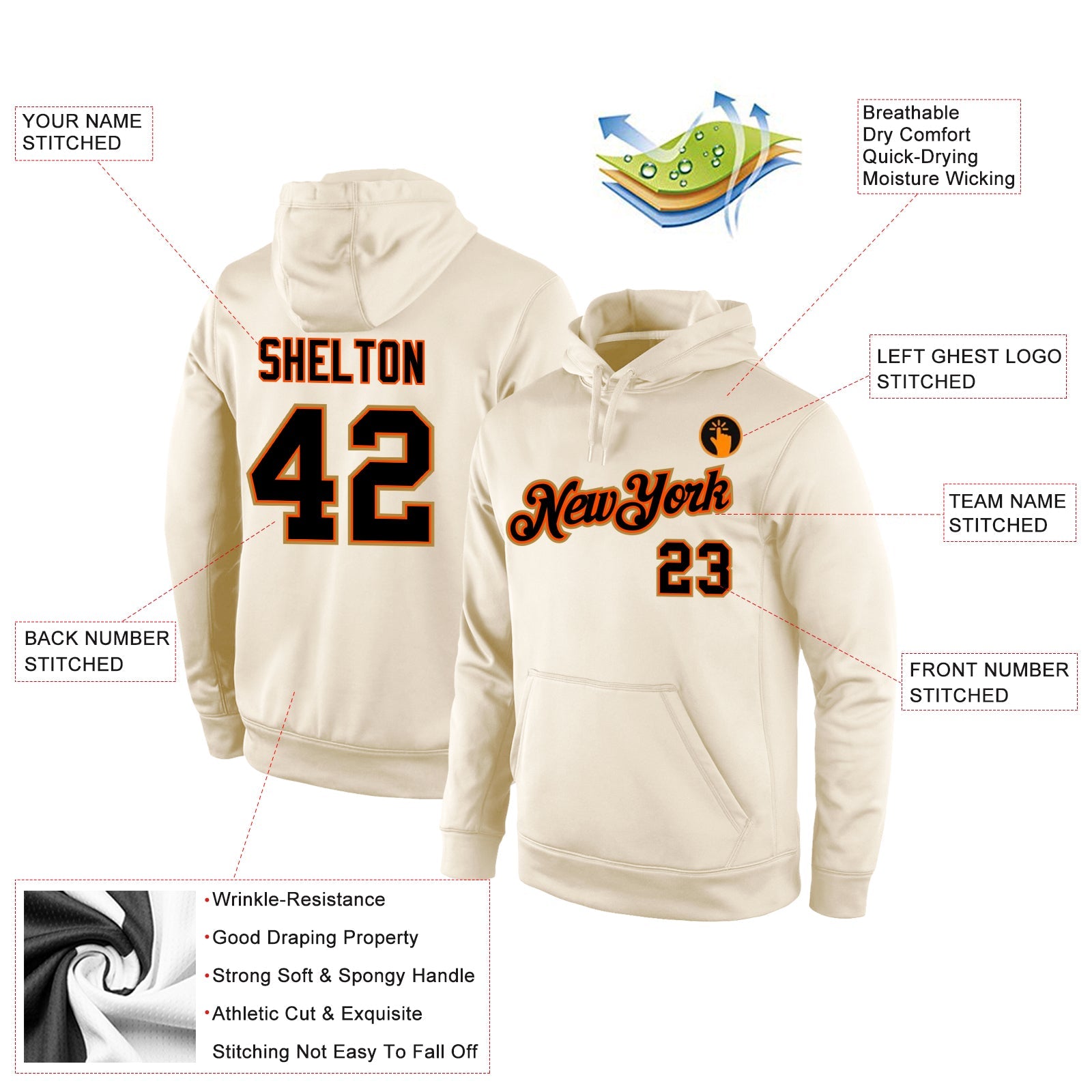 Custom Stitched Cream Black-Orange Sports Pullover Sweatshirt Hoodie view 4