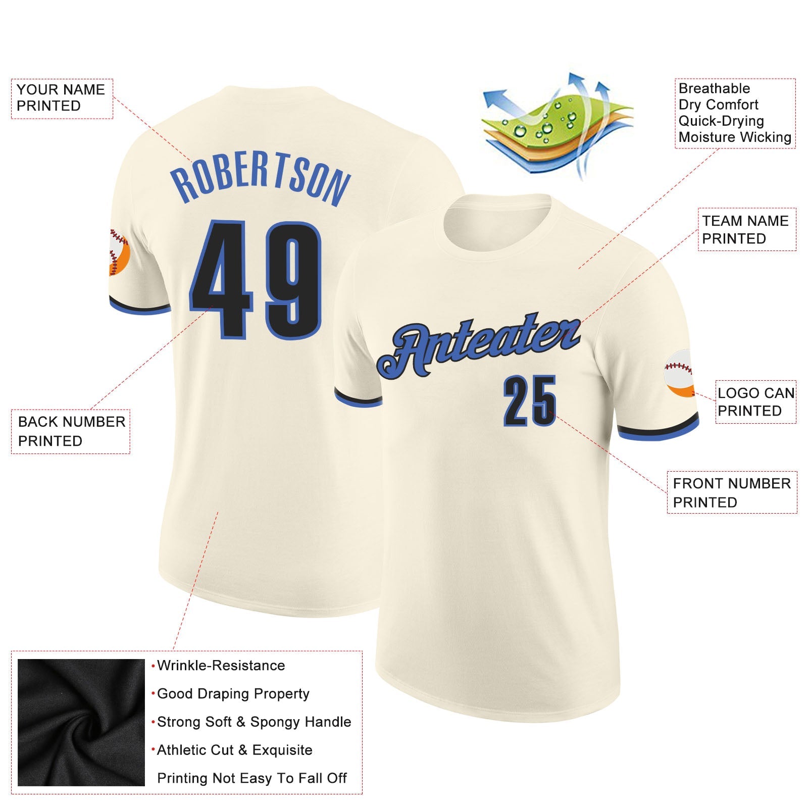 Custom Cream Blue-Black Performance T-Shirt view 2