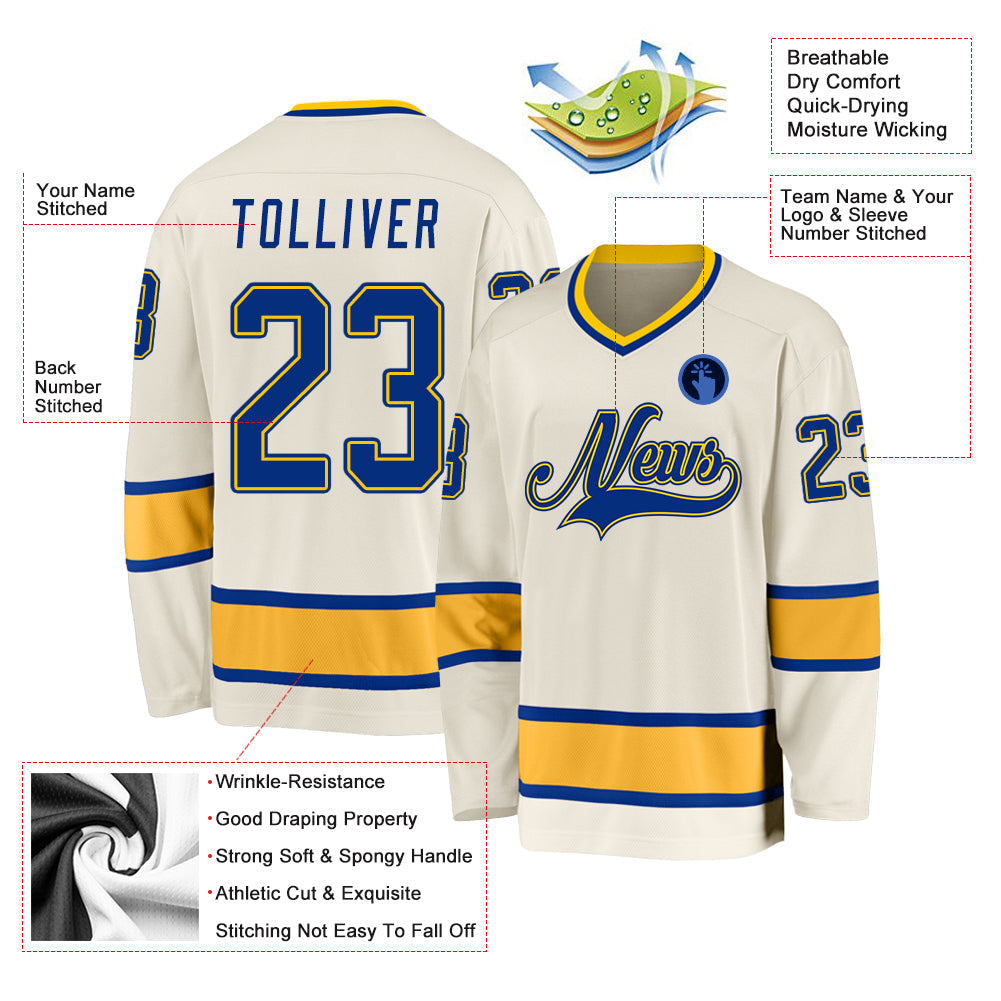 Custom Cream Royal-Gold Hockey Jersey view 2