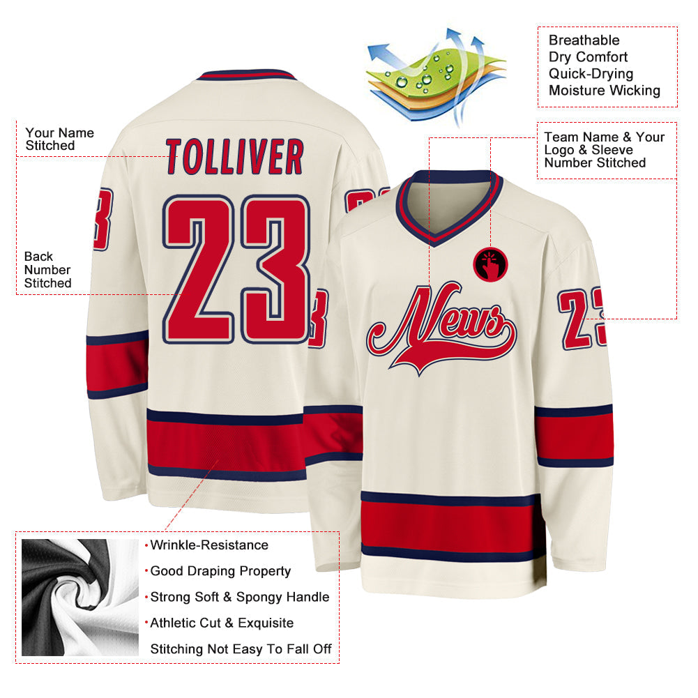 Custom Cream Red-Navy Hockey Jersey view 2