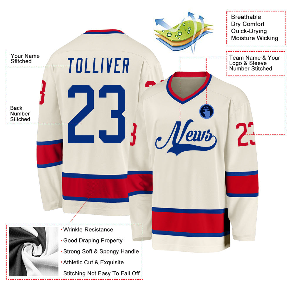 Custom Cream Royal-Red Hockey Jersey view 2