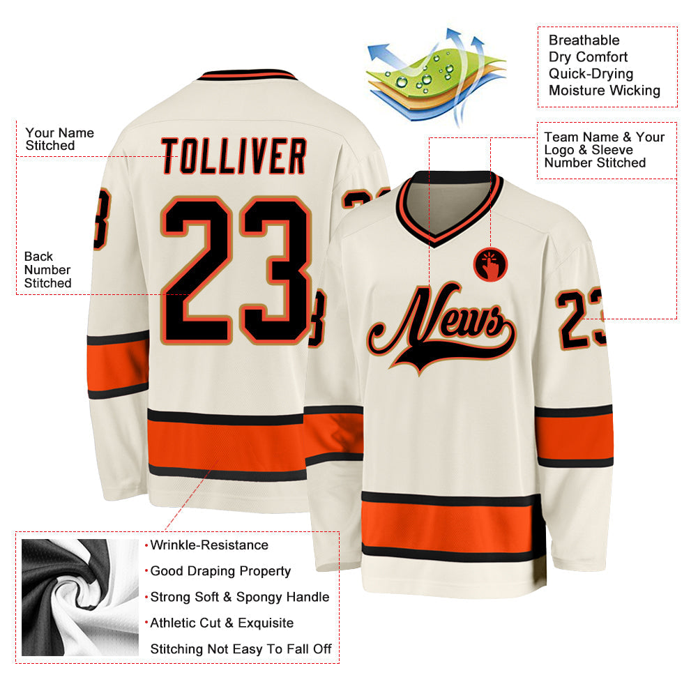 Custom Cream Black-Orange Hockey Jersey view 2