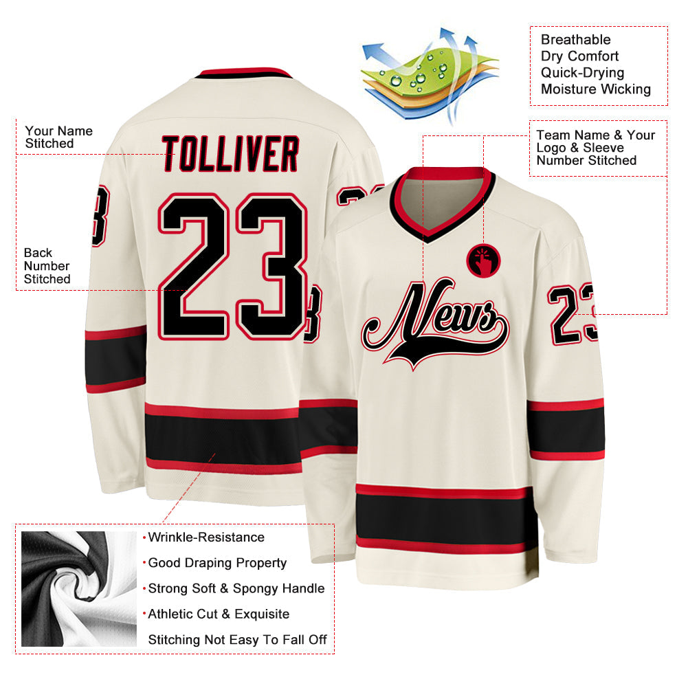 Custom Cream Black-Red Hockey Jersey view 3
