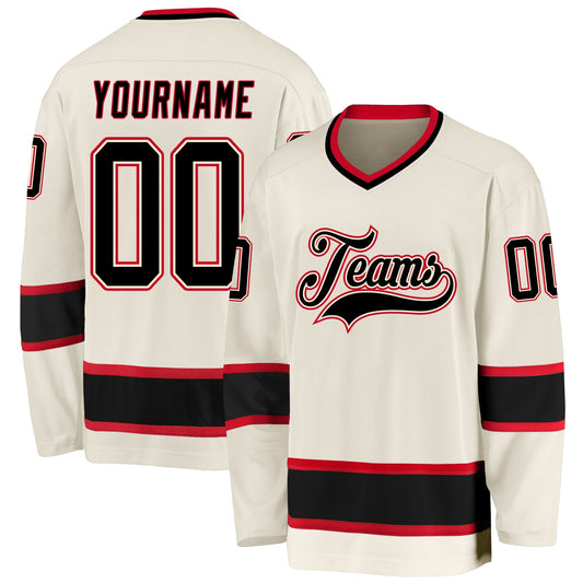 Custom Cream Black-Red Hockey Jersey - Main View