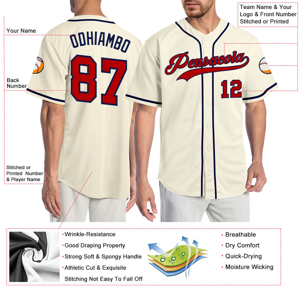 Custom Cream Red-Navy Authentic Baseball Jersey view 3