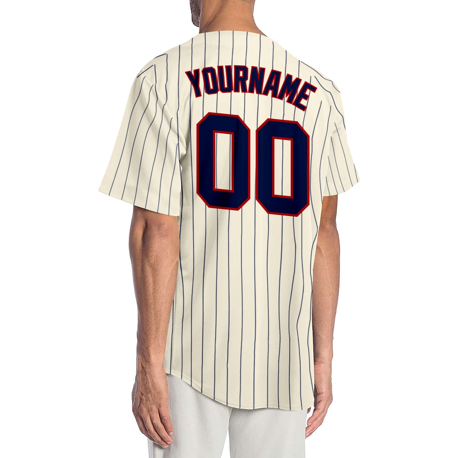 Custom Cream Navy Pinstripe Navy-Red Authentic Baseball Jersey view 2