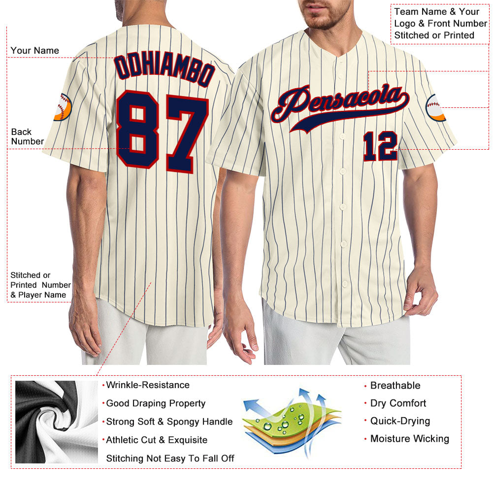 Custom Cream Navy Pinstripe Navy-Red Authentic Baseball Jersey view 3