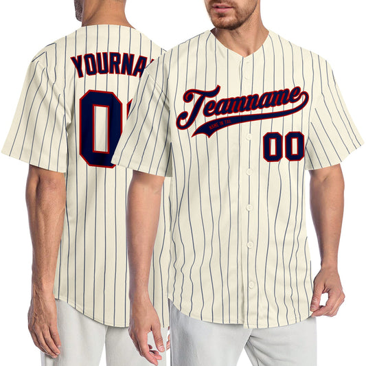 Custom Cream Navy Pinstripe Navy-Red Authentic Baseball Jersey - Main View