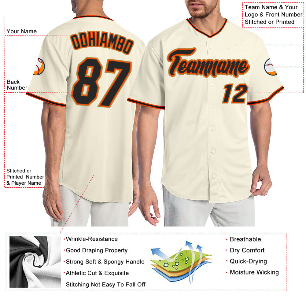 Custom Cream Black Orange-Old Gold Authentic Baseball Jersey view 3