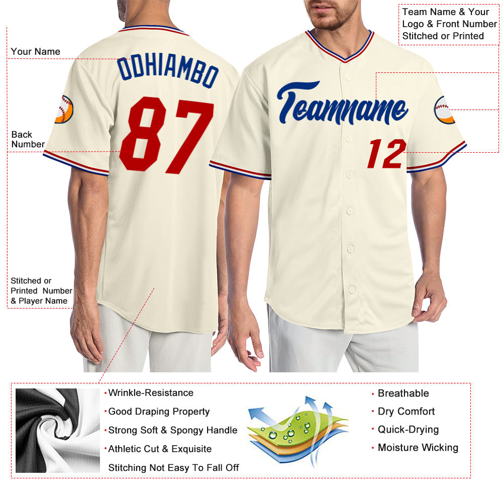 Custom Cream Red-Royal Authentic Baseball Jersey view 3