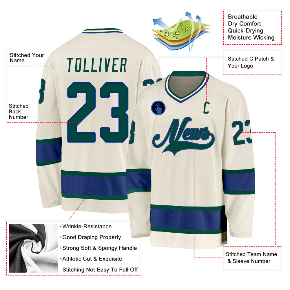 Custom Cream Green-Royal Hockey Jersey view 2