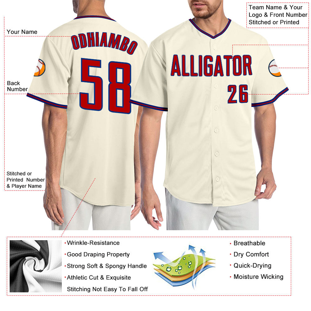 Custom Cream Red-Royal Authentic Baseball Jersey view 3