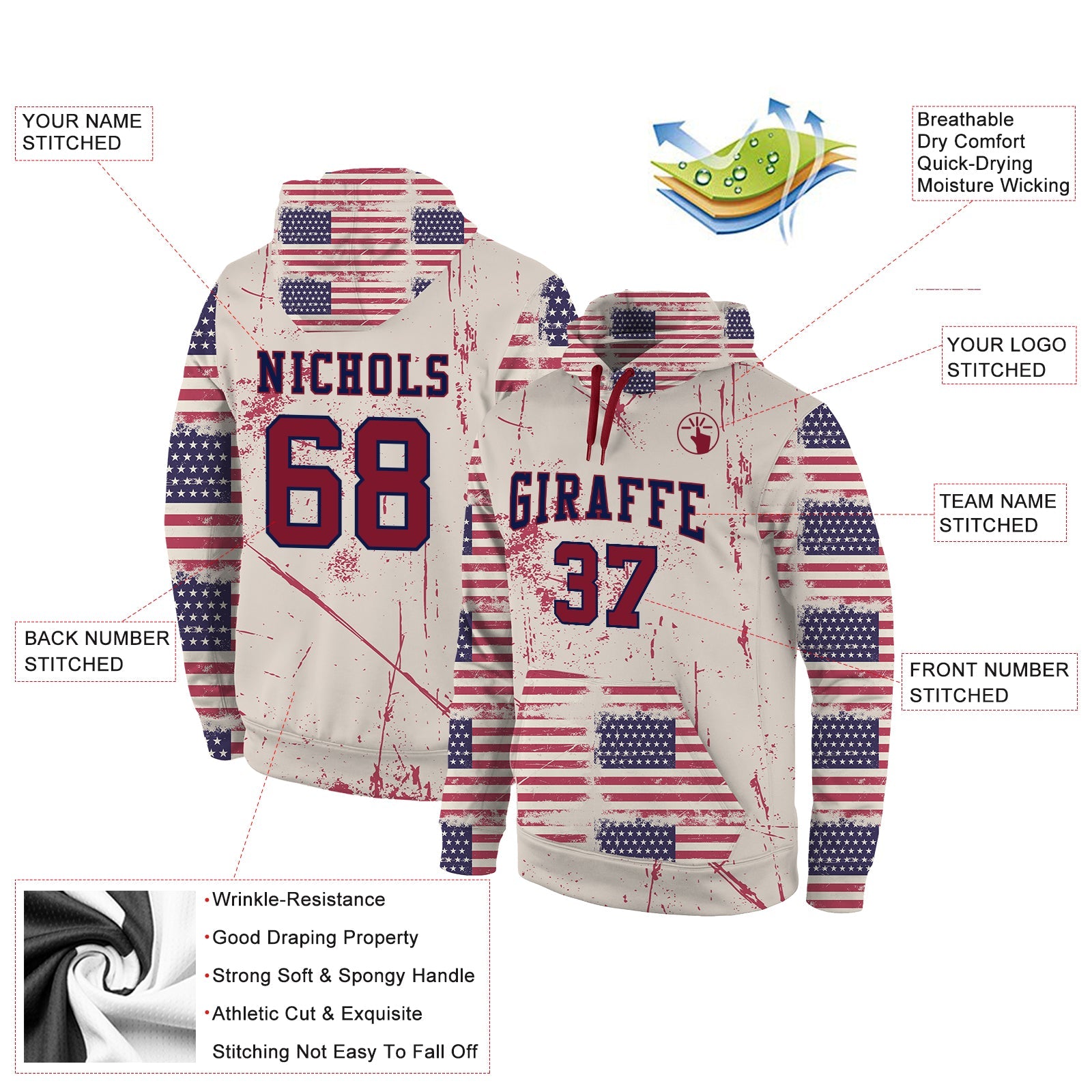 Custom Stitched Cream Crimson-Navy 3D American Flag Fashion Sports Pullover Sweatshirt Hoodie view 2
