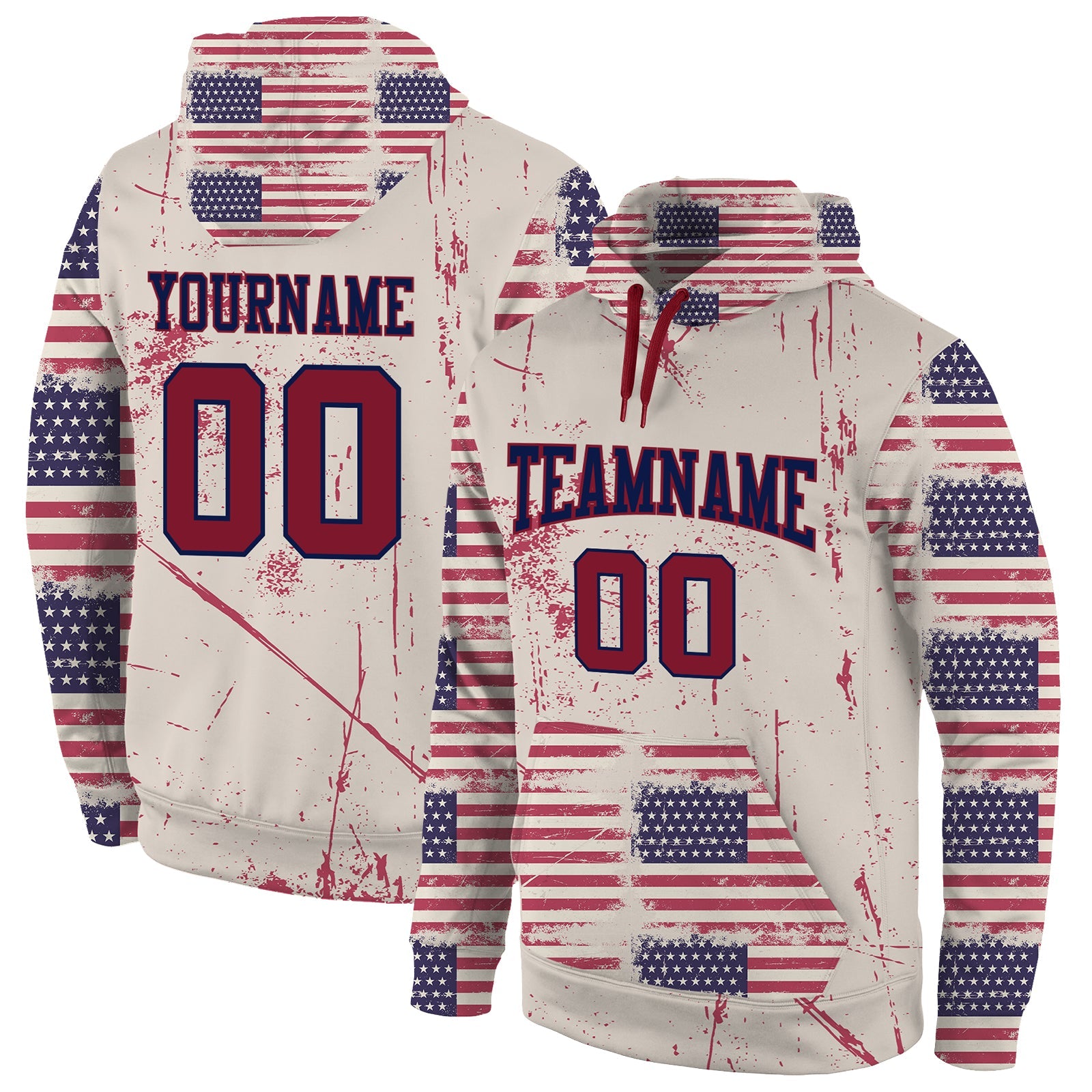 Custom Stitched Cream Crimson-Navy 3D American Flag Fashion Sports Pullover Sweatshirt Hoodie - Main View