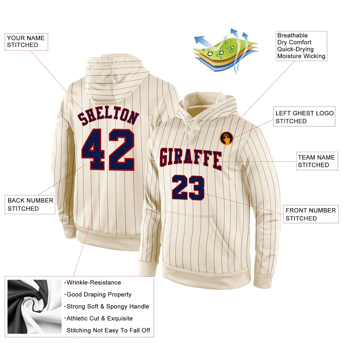 Custom Stitched Cream Navy Pinstripe Navy-Red Sports Pullover Sweatshirt Hoodie view 2