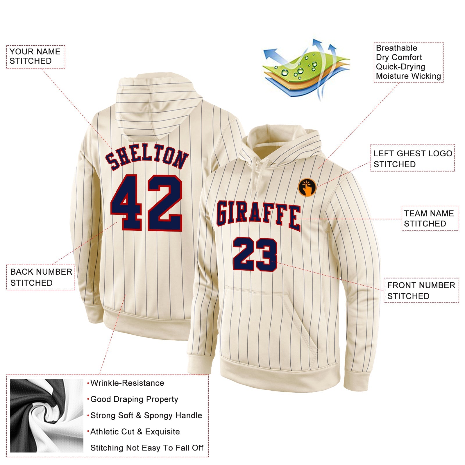 Custom Stitched Cream Navy Pinstripe Navy-Red Sports Pullover Sweatshirt Hoodie view 2