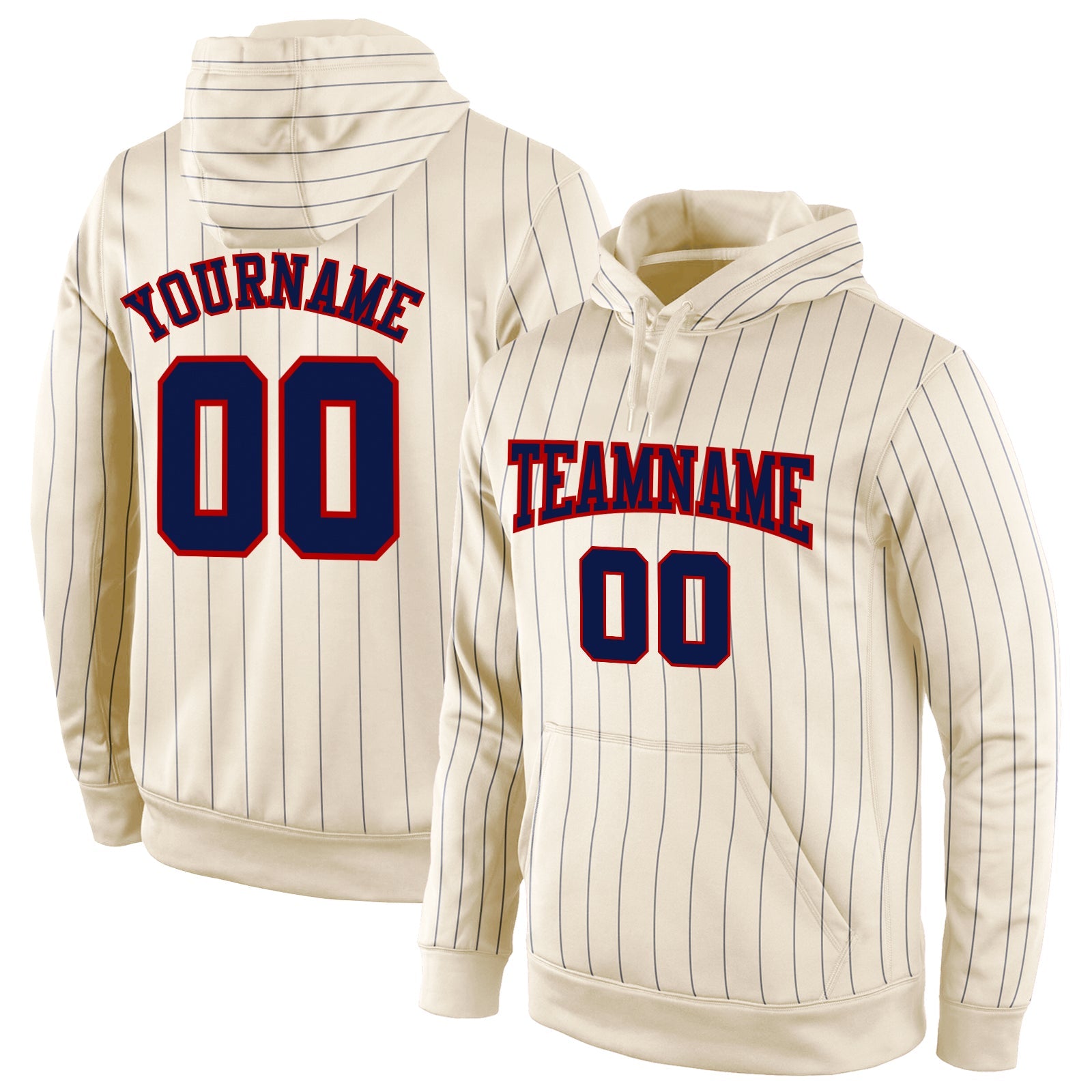 Custom Stitched Cream Navy Pinstripe Navy-Red Sports Pullover Sweatshirt Hoodie - Main View