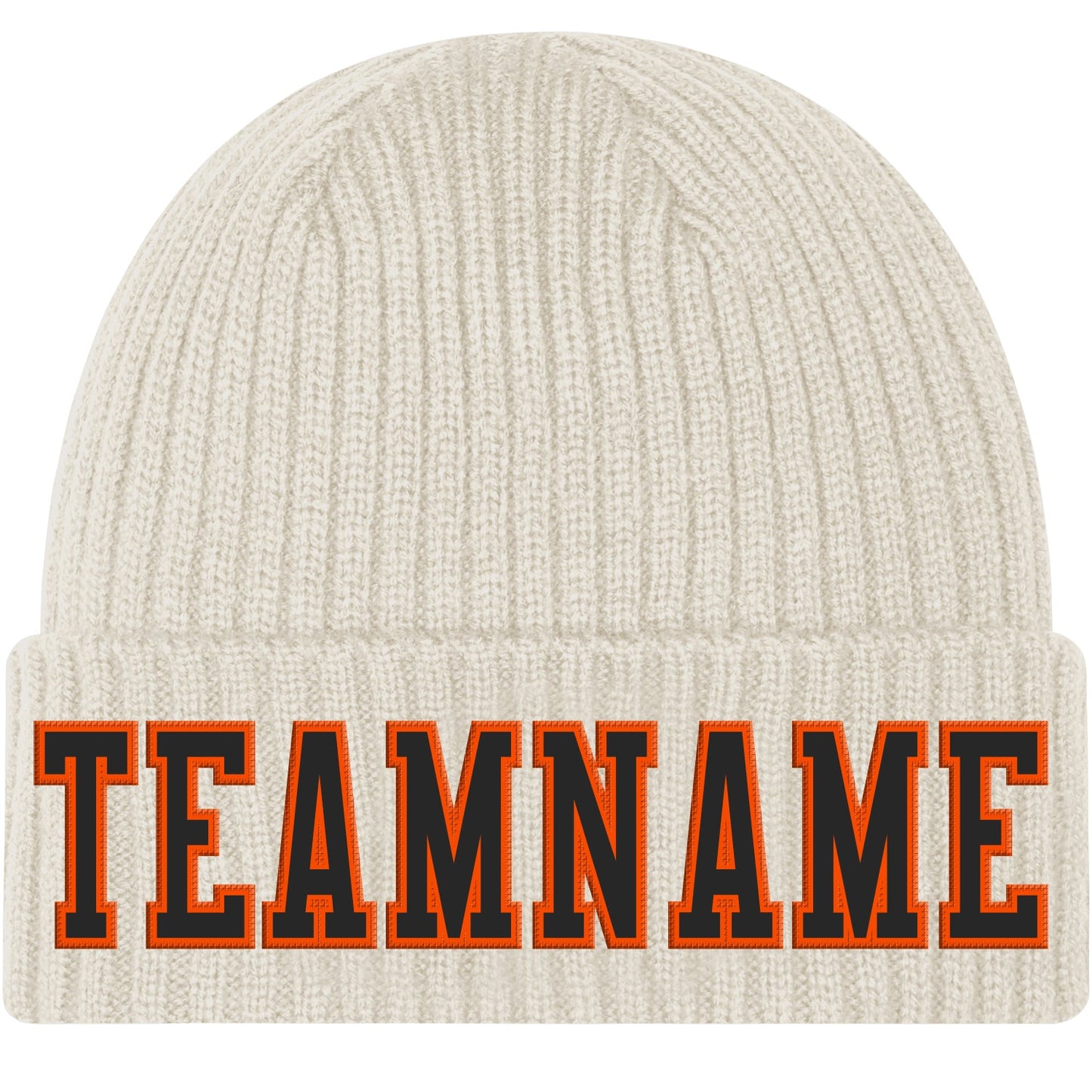 Custom Cream Black-Orange Stitched Cuffed Knit Hat - Main View