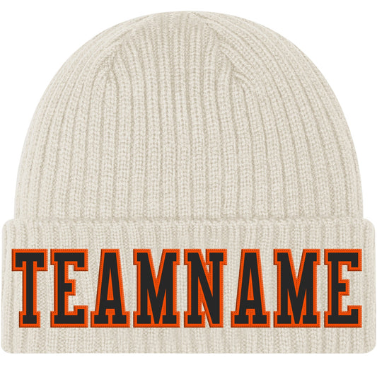 Custom Cream Black-Orange Stitched Cuffed Knit Hat - Main View