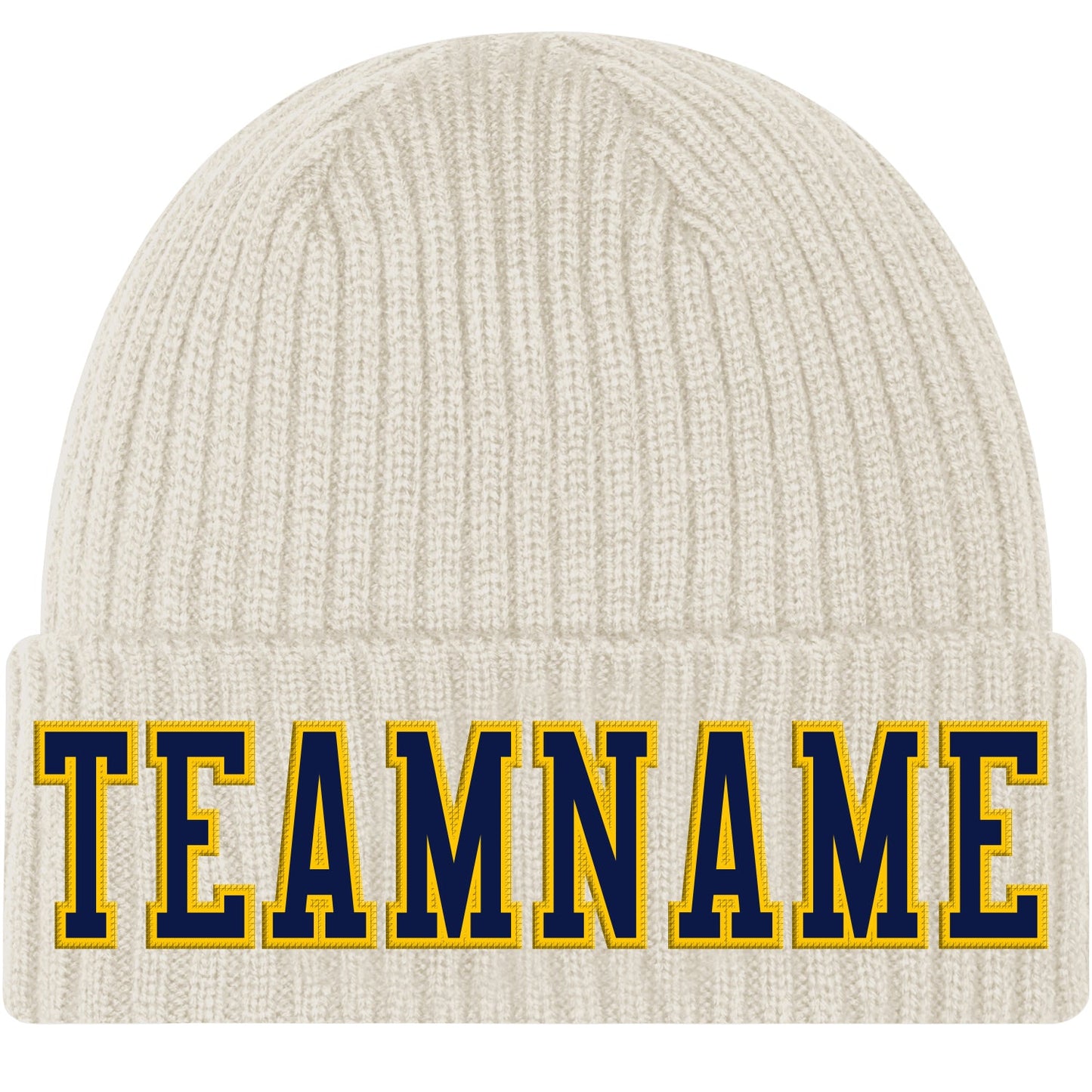 Custom Cream Navy-Gold Stitched Cuffed Knit Hat - Main View