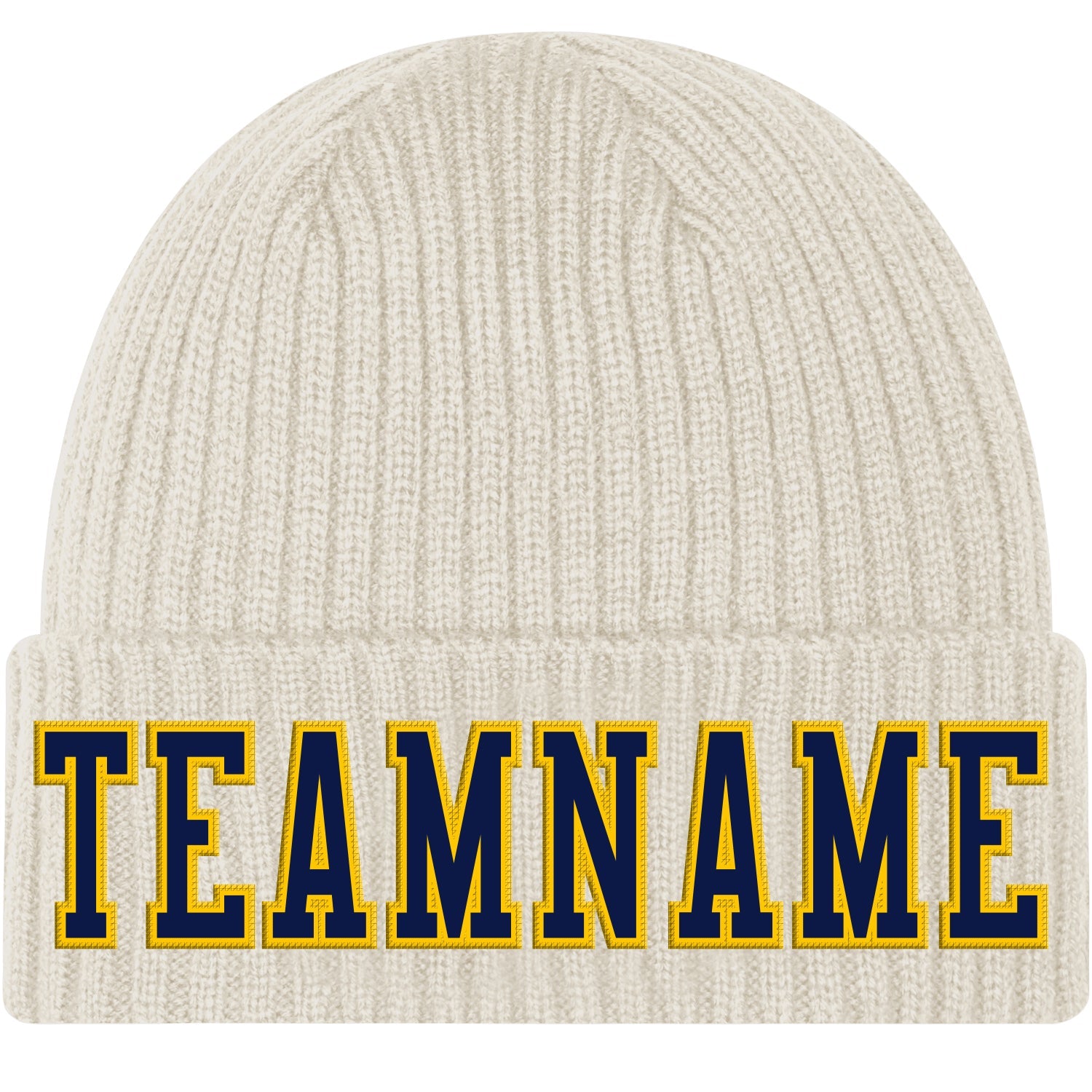 Custom Cream Navy-Gold Stitched Cuffed Knit Hat - Main View