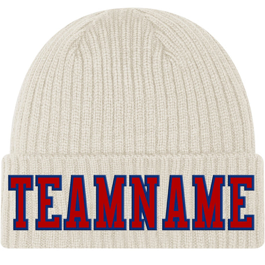 Custom Cream Red-Royal Stitched Cuffed Knit Hat - Main View