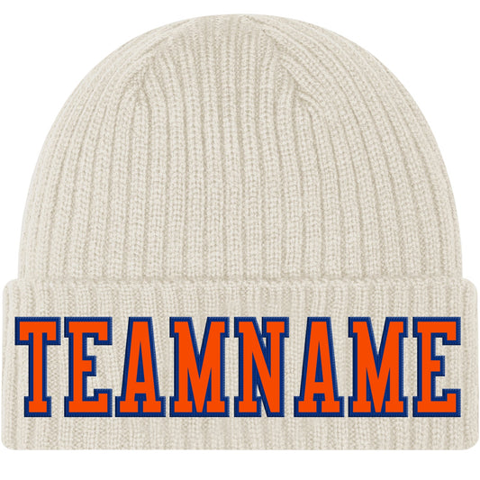 Custom Cream Orange-Royal Stitched Cuffed Knit Hat - Main View