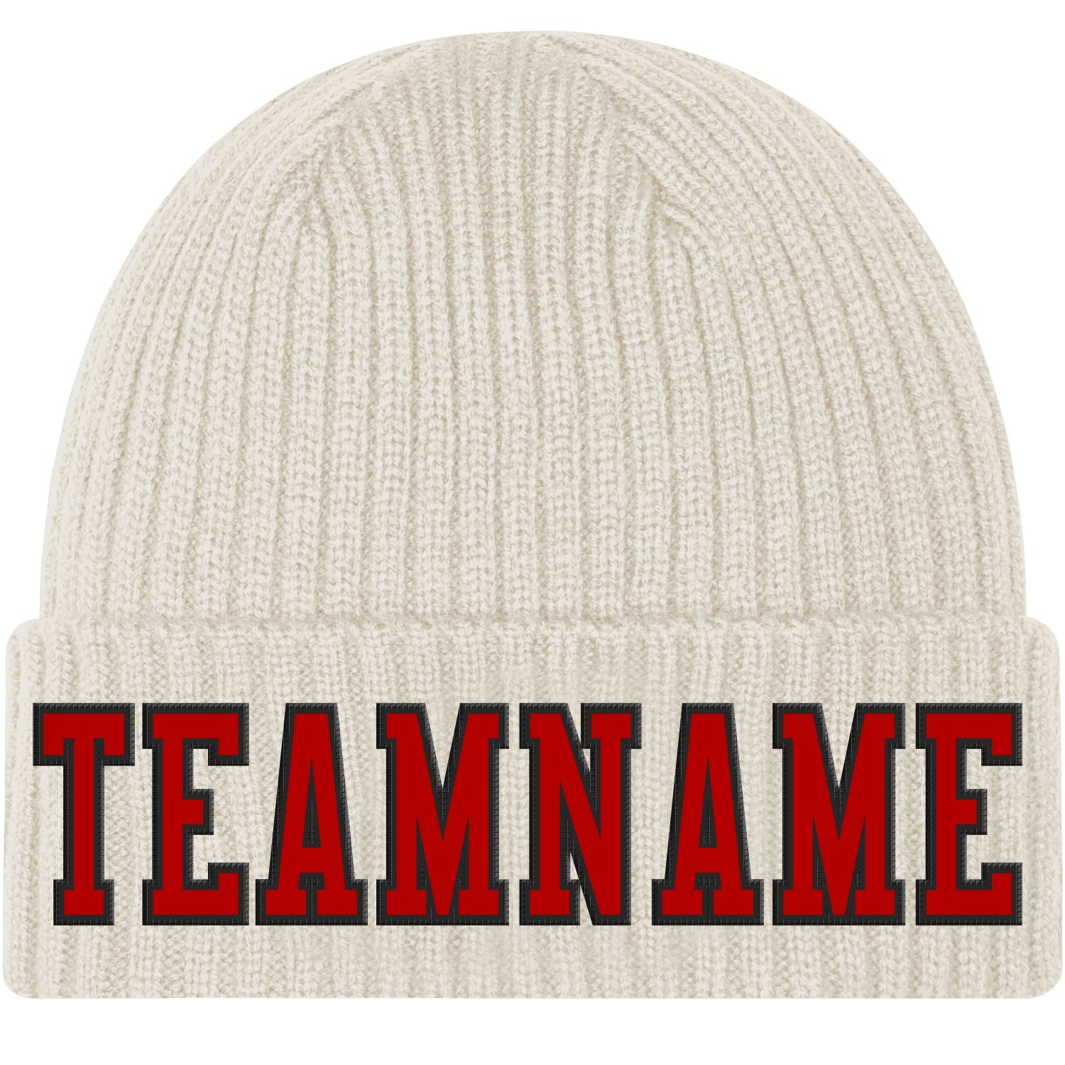 Custom Cream Red-Black Stitched Cuffed Knit Hat - Main View