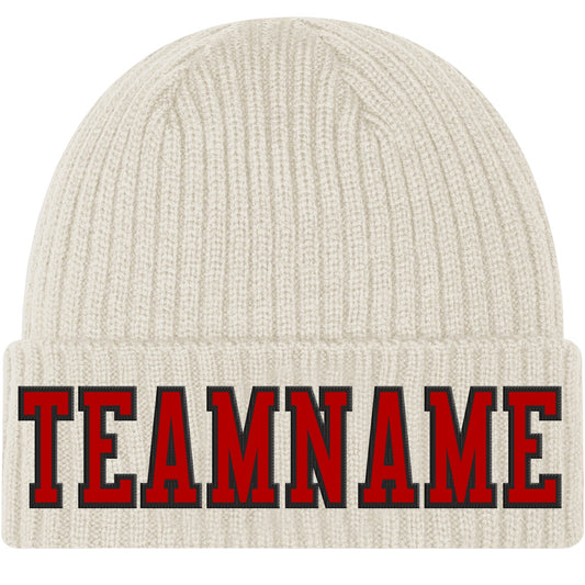 Custom Cream Red-Black Stitched Cuffed Knit Hat - Main View