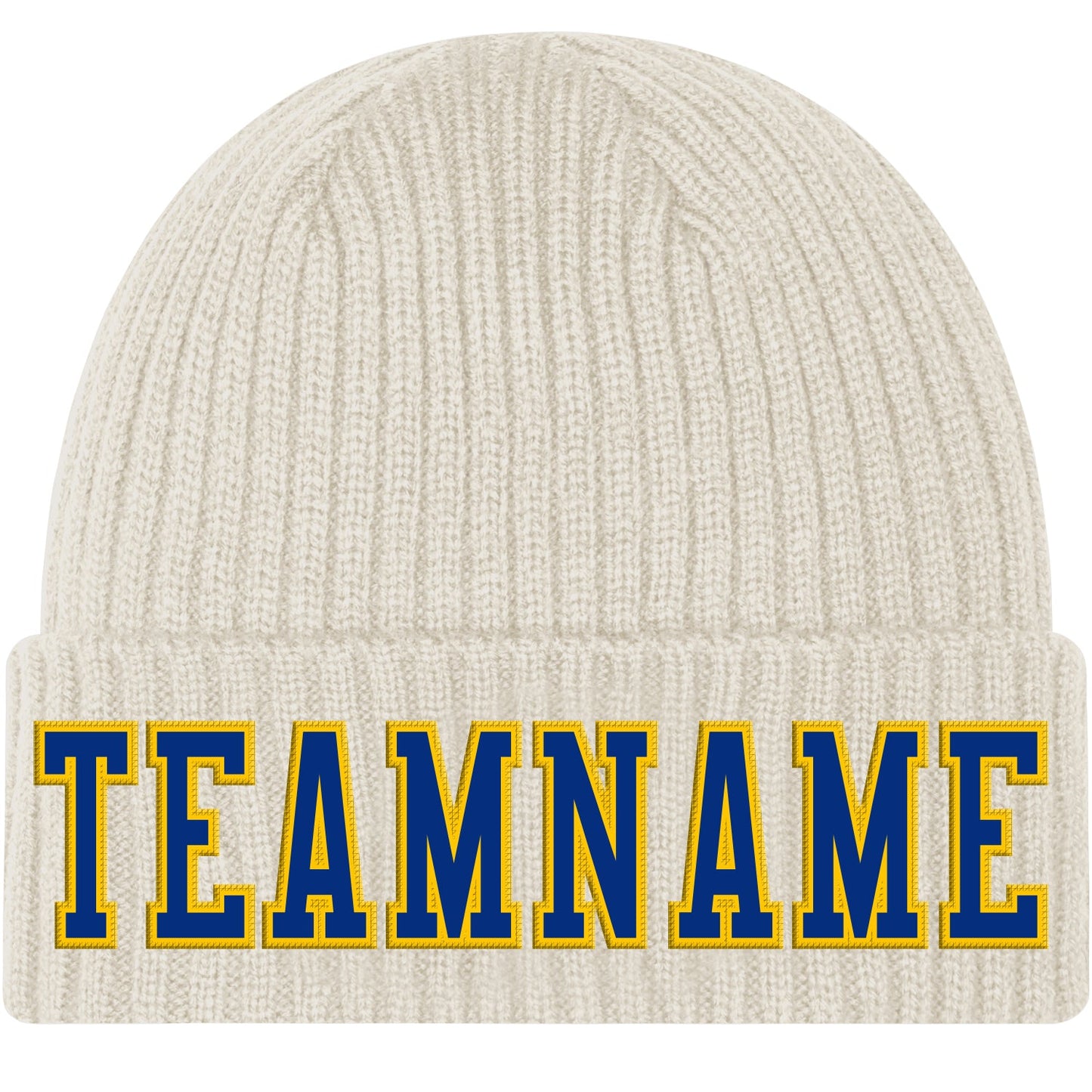 Custom Cream Royal-Gold Stitched Cuffed Knit Hat - Main View