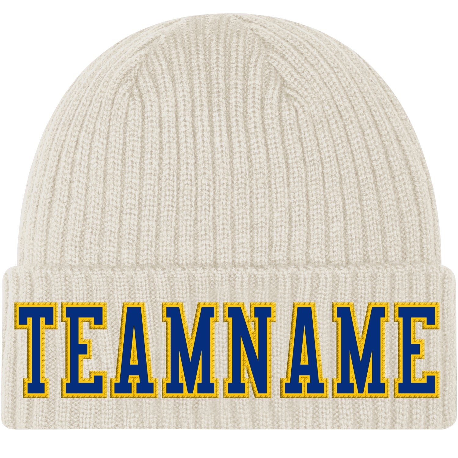 Custom Cream Royal-Gold Stitched Cuffed Knit Hat - Main View