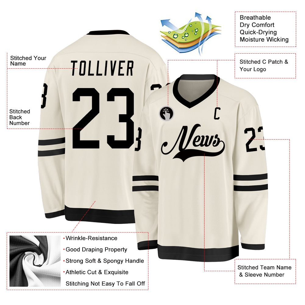Custom Cream Black Hockey Jersey view 3