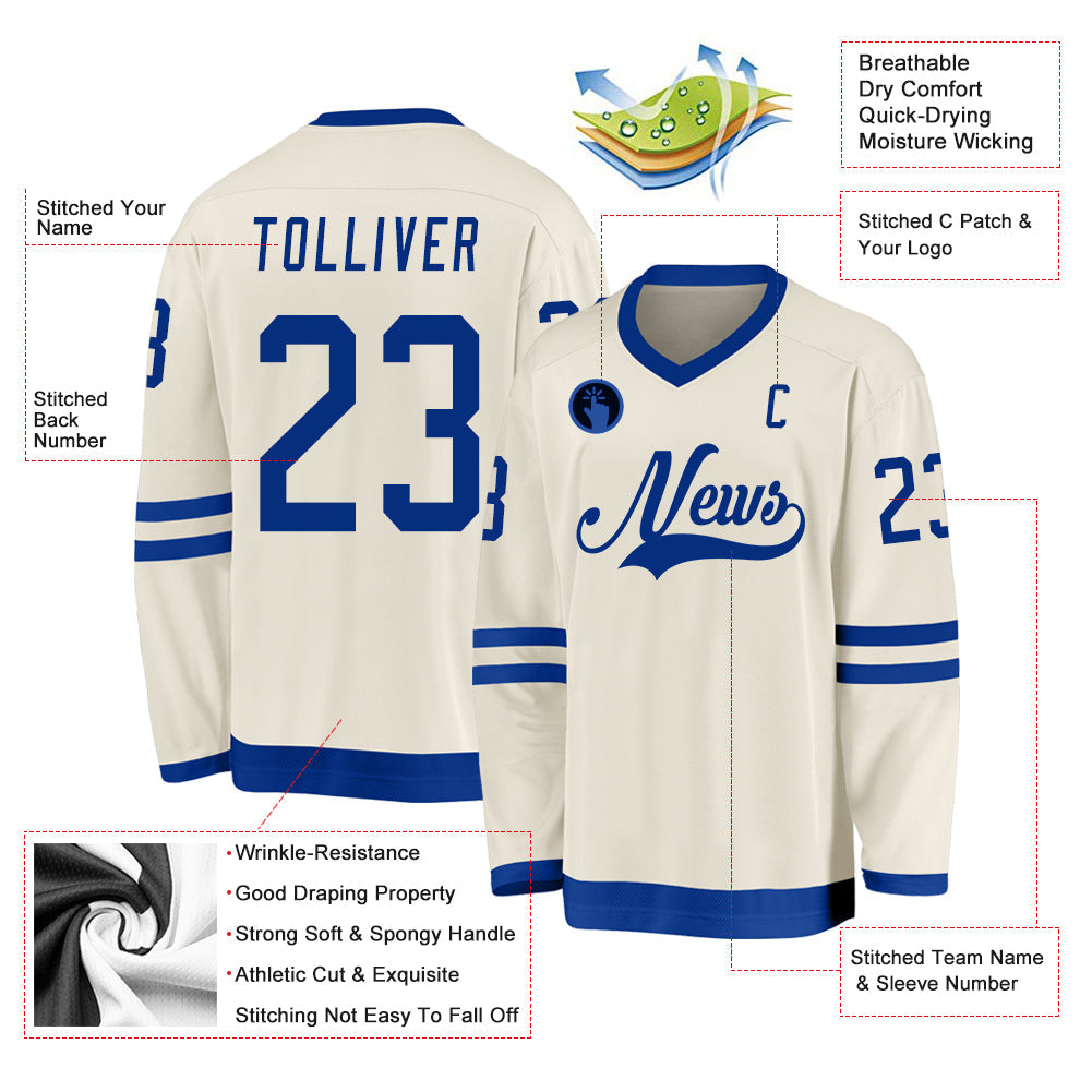 Custom Cream Royal Hockey Jersey view 2