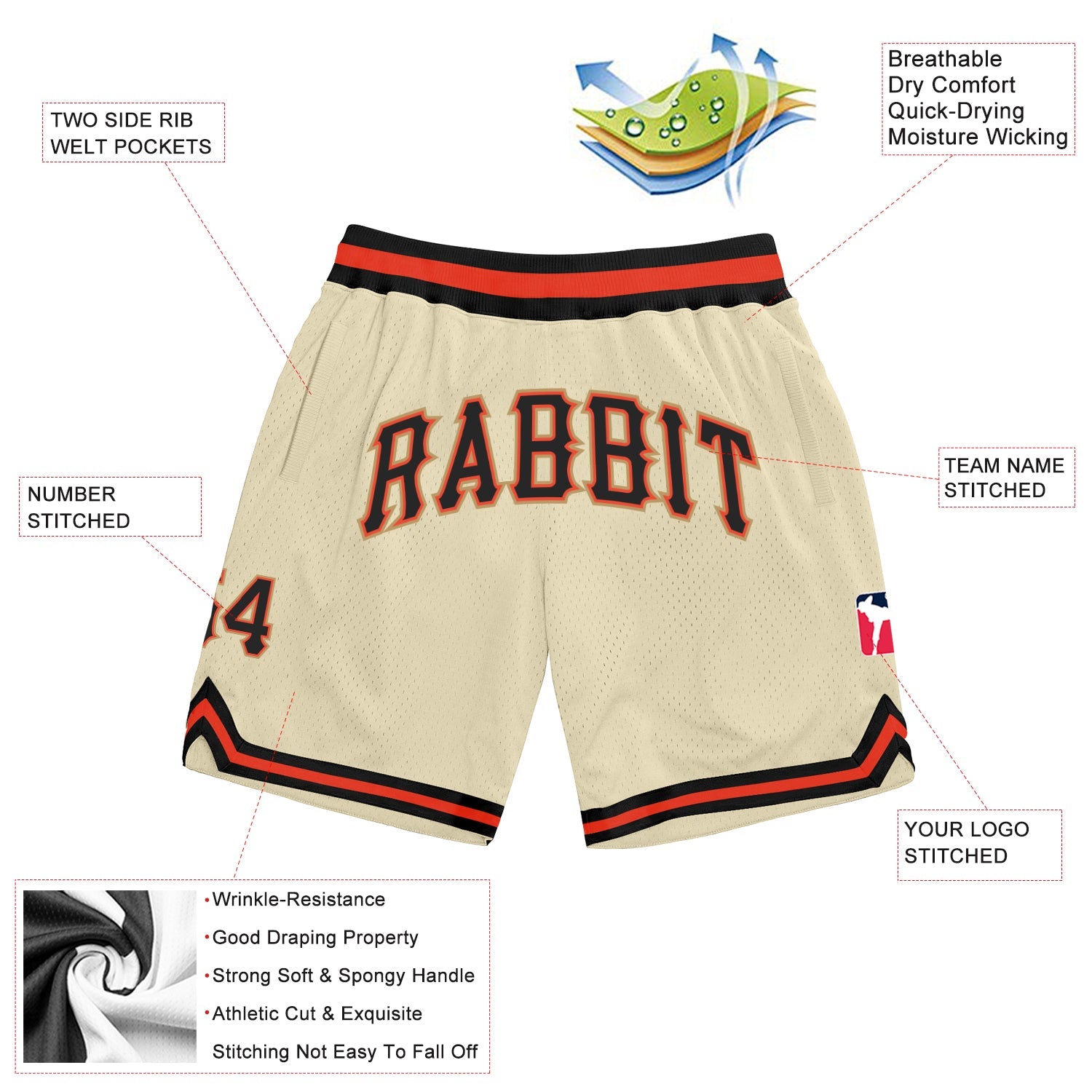 Custom Cream Black-Orange Authentic Throwback Basketball Shorts view 2